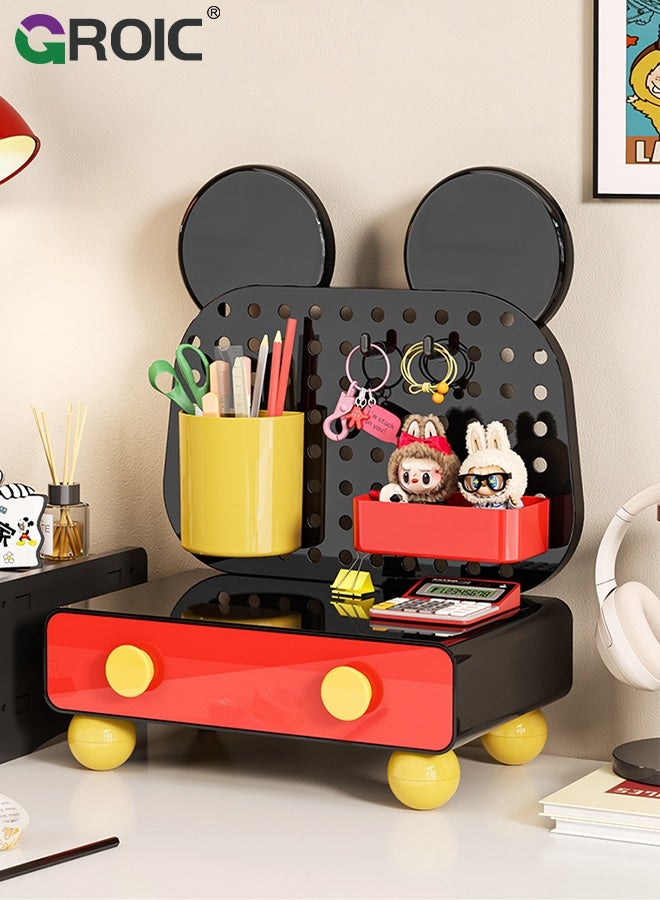 GROIC Desk Organizer, Mickey Mouse Style Storage Box, Multi-Functional Hole Plate Storage with Drawer and hook, Desktop Organization for Office Supplies, Pencils, Markers, Tape, Erasers, Paperclips, Chargers - Image 1
